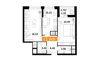 Планировка двухкомнатной(квартира) площадью 54.91 квадратных метров в ЖК “ЖК Планерный Квартал”