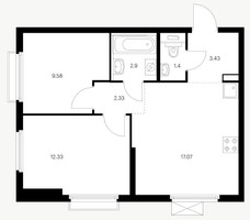 Планировка двухкомнатной(квартира) площадью 49.04 квадратных метров в “ЖК Первый Дубровский”