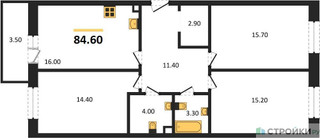 Планировка трехкомнатной(квартира) площадью 84.6 квадратных метров в “ЖК Одинцовские кварталы”