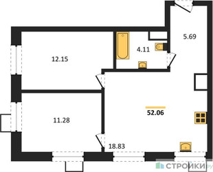 Планировка двухкомнатной(квартира) площадью 52.2 квадратных метров в ЖК “ЖК Квартал Тетрис”