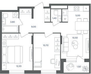 Планировка трехкомнатной(квартира) площадью 53.4 квадратных метров в ЖК “ЖК Равновесие”