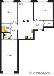 Планировка трехкомнатной(квартира) площадью 84.5 квадратных метров в ЖК “ЖК Wave (Вейв)”