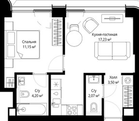 Планировка однокомнатной(квартира) площадью 38.15 квадратных метров в ЖК “ЖК Сити Бэй”