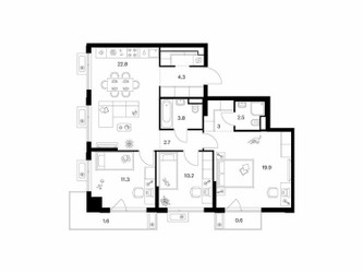 Планировка трехкомнатной(квартира) площадью 84.6 квадратных метров в ЖК “ЖК Алтуфьевское 53”