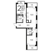 Планировка двухкомнатной(квартира) площадью 57.7 квадратных метров в “Новые Ватутинки. Заречный”