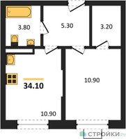 Планировка однокомнатной(квартира) площадью 34.1 квадратных метров в “ЖК Видный берег 2”