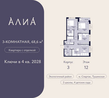Планировка трехкомнатной(квартира) площадью 68.6 квадратных метров в “ЖК АЛИА”
