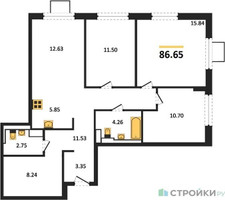 Планировка трехкомнатной(квартира) площадью 86.65 квадратных метров в “ЖК Пригород Лесное”
