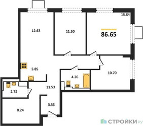 Планировка трехкомнатной(квартира) площадью 86.65 квадратных метров в “ЖК Пригород Лесное”