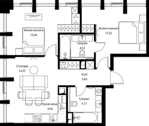 Планировка двухкомнатной(квартира) площадью 66.26 квадратных метров в ЖК “ЖК Сити Бэй”