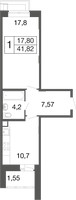 Планировка однокомнатной(квартира) площадью 41.82 квадратных метров в “ЖК Времена года”