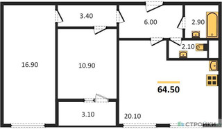 Планировка двухкомнатной(квартира) площадью 64.5 квадратных метров в “ЖК Карамельный”