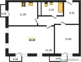 Планировка двухкомнатной(квартира) площадью 60.4 квадратных метров в “ЖК Южная Долина”