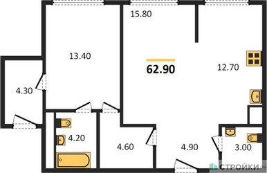 Планировка однокомнатной(квартира) площадью 62.9 квадратных метров в ЖК “ЖК Sydney City (Сидней Сити)”