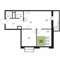 Планировка трехкомнатной(квартира) площадью 59.5 квадратных метров в “ЖК Вяземы Парк”