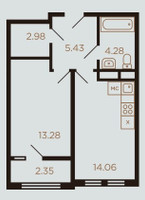 Планировка однокомнатной(квартира) площадью 42 квадратных метров в “ЖК Миниполис Рафинад”