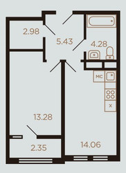 Планировка однокомнатной(квартира) площадью 42 квадратных метров в ЖК “ЖК Миниполис Рафинад”