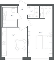 Планировка однокомнатной(квартира) площадью 38.1 квадратных метров в “ЖК Равновесие”