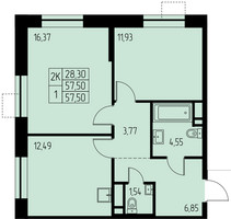 Планировка двухкомнатной(квартира) площадью 57.5 квадратных метров в “ЖК Дом на Студенческом”
