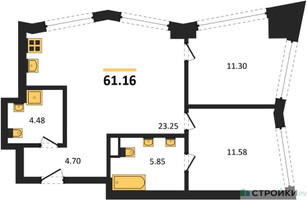 Планировка двухкомнатной(квартира) площадью 61.16 квадратных метров в “UNO Горбунова”