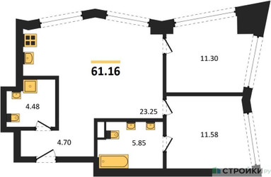 Планировка двухкомнатной(квартира) площадью 61.16 квадратных метров в ЖК “UNO Горбунова”