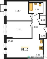 Планировка двухкомнатной(квартира) площадью 53.1 квадратных метров в “ЖК Квартал Авиаторов”