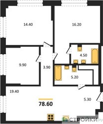 Планировка трехкомнатной(квартира) площадью 78.6 квадратных метров в ЖК “Архитектурный проект U2 (ЮТУ)”