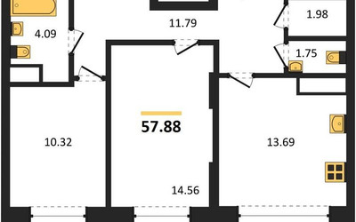 Планировка двухкомнатной(квартира) площадью 57.88 квадратных метров в ЖК “ЖК Новотомилино”