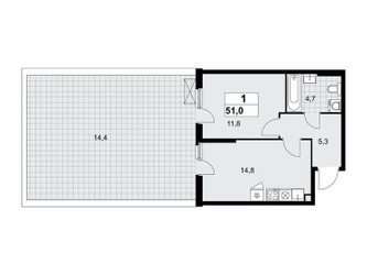 Планировка однокомнатной(квартира) площадью 51 квадратных метров в ЖК “ЖК Дзен-кварталы”
