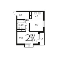 Планировка двухкомнатной(квартира) площадью 43.3 квадратных метров в “Новые Ватутинки. Заречный”