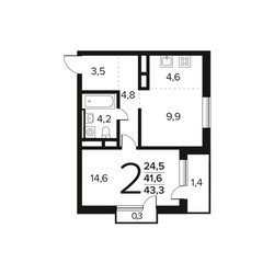 Планировка двухкомнатной(квартира) площадью 43.3 квадратных метров в ЖК “Новые Ватутинки. Заречный”
