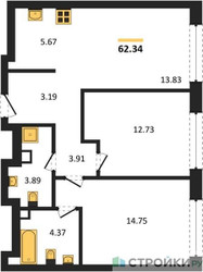 Планировка двухкомнатной(квартира) площадью 62.34 квадратных метров в ЖК “ЖК TATE (Тэйт)”