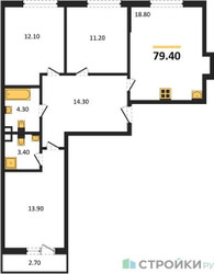 Планировка трехкомнатной(квартира) площадью 79.4 квадратных метров в ЖК “ЖК Родные кварталы”