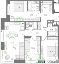 Планировка трехкомнатной(квартира) площадью 98.32 квадратных метров в ЖК “ЖК Upside Towers (Апсайд Тауэрс)”
