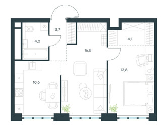 Планировка двухкомнатной(квартира) площадью 52.9 квадратных метров в ЖК “ЖК Левел Южнопортовая”
