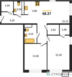 Планировка двухкомнатной(квартира) площадью 68.27 квадратных метров в ЖК “ЖК Квартал Румянцево (МелиСад)”
