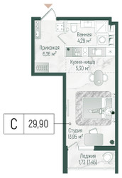 Планировка студии(квартира) площадью 31.63 квадратных метров в ЖК “ЖК Рига Хиллс”