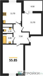 Планировка двухкомнатной(квартира) площадью 55.85 квадратных метров в ЖК “ЖК ВОСТОК II”