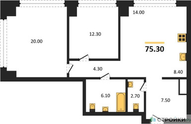 Планировка двухкомнатной(квартира) площадью 75.3 квадратных метров в ЖК “ЖК Very (Вери)”
