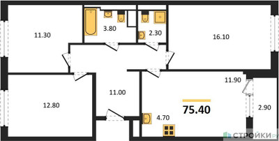 Планировка трехкомнатной(квартира) площадью 75.4 квадратных метров в “ЖК Заречье Парк”