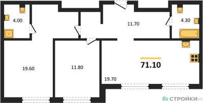 Планировка двухкомнатной(квартира) площадью 71.1 квадратных метров в ЖК “ЖК Шагал”