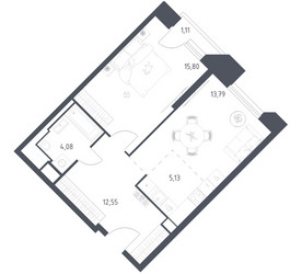 Планировка однокомнатной(апартаменты) площадью 52.46 квадратных метров в ЖК “ЖК Скай Спутник”
