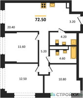 Планировка трехкомнатной(квартира) площадью 72.5 квадратных метров в “Архитектурный проект U2 (ЮТУ)”