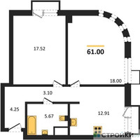 Планировка двухкомнатной(квартира) площадью 61 квадратных метров в “ЖК UNO Соколиная гора”