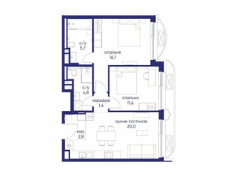 Планировка двухкомнатной(квартира) площадью 62.42 квадратных метров в ЖК “ЖК Остров”