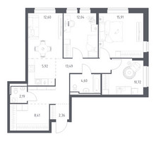 Планировка трехкомнатной(квартира) площадью 88.24 квадратных метров в “ЖК Богдановский Лес”