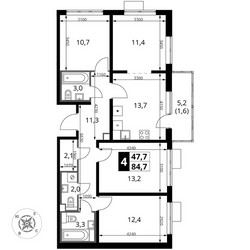 Планировка 4+ комнатной(квартира) площадью 85.1 квадратных метров в ЖК “ЖК ЮЖНАЯ БИТЦА”