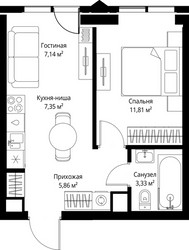 Планировка однокомнатной(квартира) площадью 35.49 квадратных метров в ЖК “ЖК Джойс”