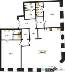 Планировка двухкомнатной(квартира) площадью 140 квадратных метров в ЖК “ЖК Nicole (Николь)”
