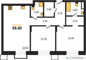 Планировка двухкомнатной(квартира) площадью 68.6 квадратных метров в “ЖК Резиденции Сколково”